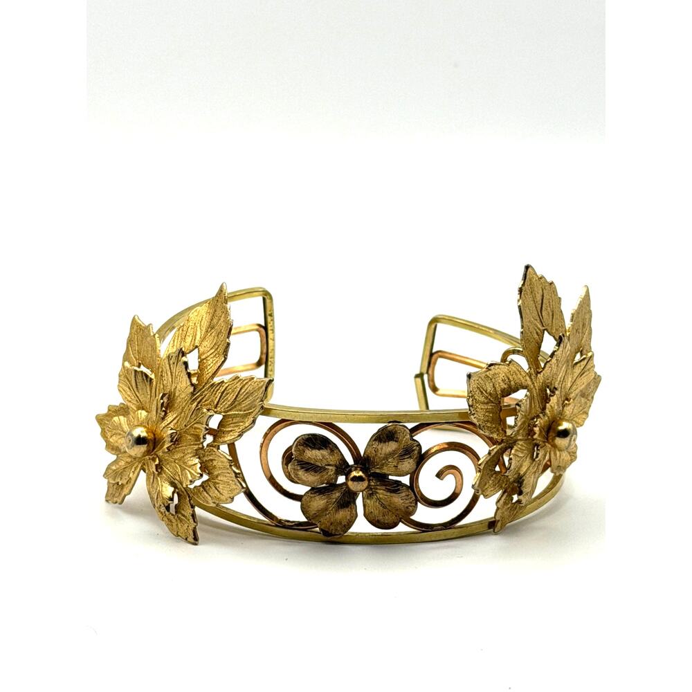 Gold tone Leaf clip on earrings and Floral openwork Bangle cuff Bracelet
